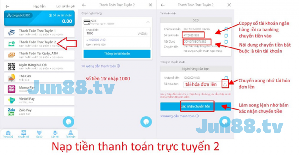 Kênh thanh toán trực tuyến của jun88 